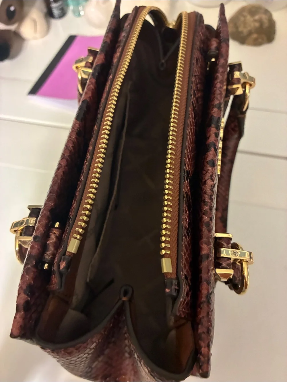 Michael Kors Brown Red Snake-Embossed Satchel with Gold Hardware